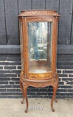 20th Century French Style Walnut Vitrine Glass Curio Cabinet, c1960s AS IS