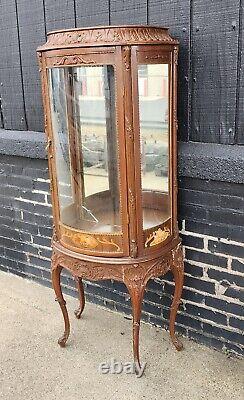 20th Century French Style Walnut Vitrine Glass Curio Cabinet, c1960s AS IS