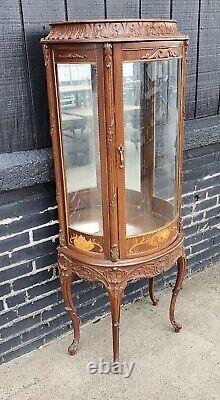 20th Century French Style Walnut Vitrine Glass Curio Cabinet, c1960s AS IS