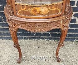 20th Century French Style Walnut Vitrine Glass Curio Cabinet, c1960s AS IS