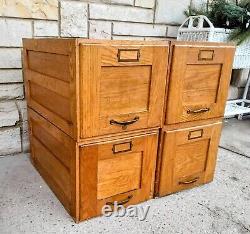 4 Antique Solid Oak Brass Recessed Panel Stacking Filing Cabinets