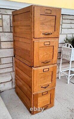 4 Antique Solid Oak Brass Recessed Panel Stacking Filing Cabinets