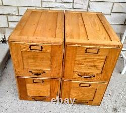 4 Antique Solid Oak Brass Recessed Panel Stacking Filing Cabinets