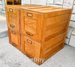 4 Antique Solid Oak Brass Recessed Panel Stacking Filing Cabinets