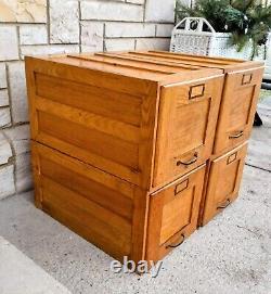 4 Antique Solid Oak Brass Recessed Panel Stacking Filing Cabinets