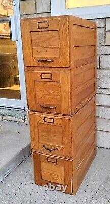 4 Antique Solid Oak Brass Recessed Panel Stacking Filing Cabinets