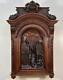 5' Tall French Antique Walnut Wall/key Cabinet With Medieval Village Woodcarving