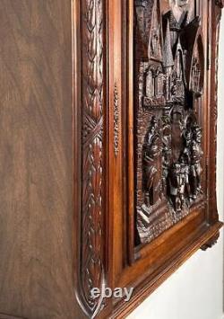 5' Tall French Antique Walnut Wall/Key Cabinet with Medieval Village Woodcarving
