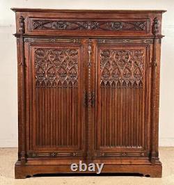 50 Tall Antique French Gothic Revival Storage Cabinet/Armoire in Oak Wood