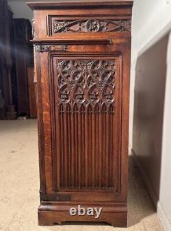 50 Tall Antique French Gothic Revival Storage Cabinet/Armoire in Oak Wood