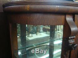 59766 Antique Oak Bow Glass Lion Headed China Cabinet Curio