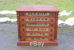 6 Drawer Cherry Wood Clark's Spool Cabinet w ONT embossed pulls glass fronts