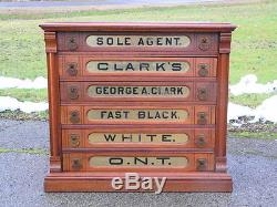 6 Drawer Cherry Wood Clark's Spool Cabinet w ONT embossed pulls glass fronts