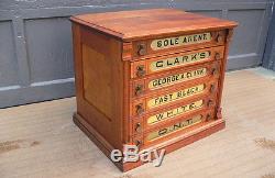 6 Drawer Cherry Wood Clark's Spool Cabinet w ONT embossed pulls glass fronts
