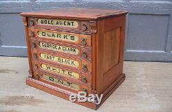 6 Drawer Cherry Wood Clark's Spool Cabinet w ONT embossed pulls glass fronts