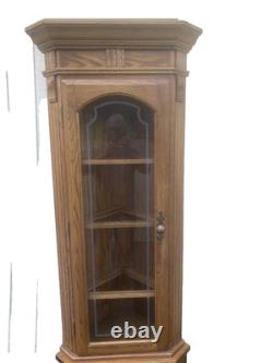 64573 PAIR Oak Corner Cabinet Curio s With 3 wood and glass shelves each