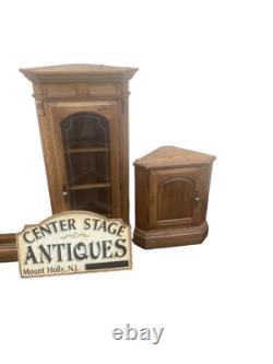 64573 PAIR Oak Corner Cabinet Curio s With 3 wood and glass shelves each