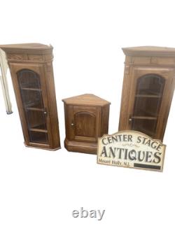 64573 PAIR Oak Corner Cabinet Curio s With 3 wood and glass shelves each