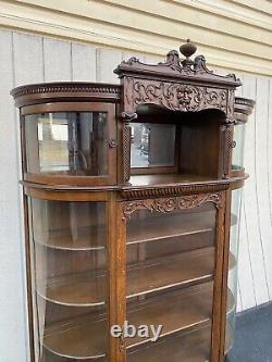 66071 Antique Victorian Hand Carved Oak Bow Glass Curio Cabinet