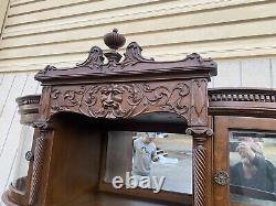 66071 Antique Victorian Hand Carved Oak Bow Glass Curio Cabinet