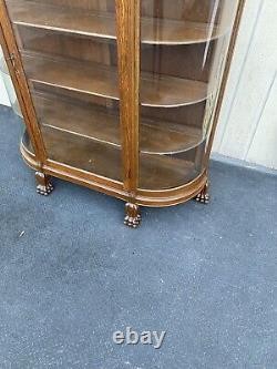 66071 Antique Victorian Hand Carved Oak Bow Glass Curio Cabinet