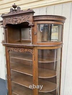 66071 Antique Victorian Hand Carved Oak Bow Glass Curio Cabinet