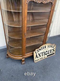 66071 Antique Victorian Hand Carved Oak Bow Glass Curio Cabinet