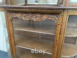 66071 Antique Victorian Hand Carved Oak Bow Glass Curio Cabinet