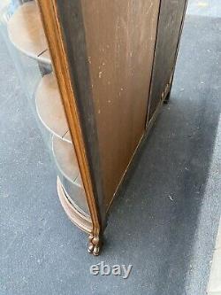 66071 Antique Victorian Hand Carved Oak Bow Glass Curio Cabinet