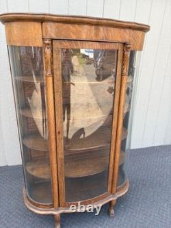 67718 Antique Victorian Oak Lion Head China Cabinet with Curved Glass Doors