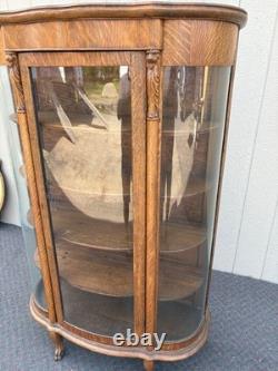 67718 Antique Victorian Oak Lion Head China Cabinet with Curved Glass Doors