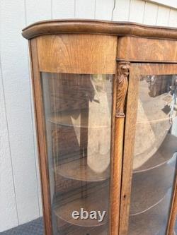 67718 Antique Victorian Oak Lion Head China Cabinet with Curved Glass Doors