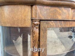 67718 Antique Victorian Oak Lion Head China Cabinet with Curved Glass Doors