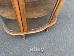 67718 Antique Victorian Oak Lion Head China Cabinet with Curved Glass Doors