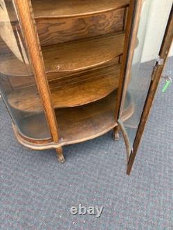 67718 Antique Victorian Oak Lion Head China Cabinet with Curved Glass Doors
