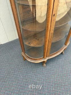 67718 Antique Victorian Oak Lion Head China Cabinet with Curved Glass Doors