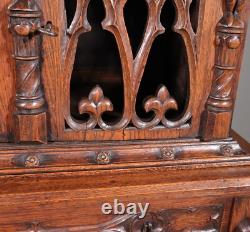 70 Tall Antique French Gothic Revival Oak Wood Cabinet/Liquor/Wine/Bar Cabinet
