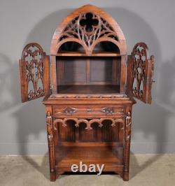 70 Tall Antique French Gothic Revival Oak Wood Cabinet/Liquor/Wine/Bar Cabinet