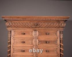 77 Tall Antique French Apothecary Cabinet Solid Oak Carved with Compartments