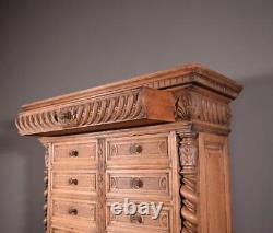 77 Tall Antique French Apothecary Cabinet Solid Oak Carved with Compartments