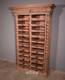 77 Tall Antique French Apothecary Cabinet Solid Oak Carved with Compartments