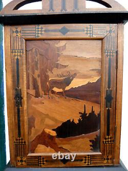 ANTIQUE ART NOUVEAU WALL CABINET BLACK FOREST CARVED FOREST SCENE with STAG