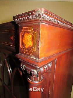 ANTIQUE BOOKCASE, CABINET, LOCKING GLASS DOORS, INLAID MAHOGANY, MOTHER OF PEARL