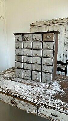 ANTIQUE FOLK ART 1800's 24 DRAWER APOTHECARY ORIGINAL GREY PAINT SQUARE NAILS