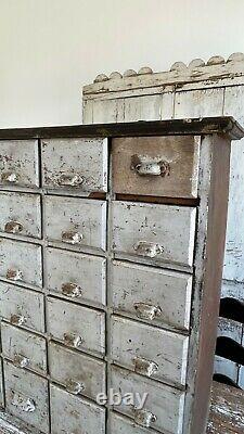 ANTIQUE FOLK ART 1800's 24 DRAWER APOTHECARY ORIGINAL GREY PAINT SQUARE NAILS