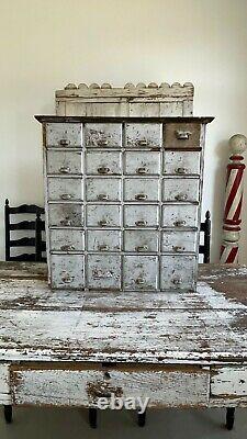 ANTIQUE FOLK ART 1800's 24 DRAWER APOTHECARY ORIGINAL GREY PAINT SQUARE NAILS