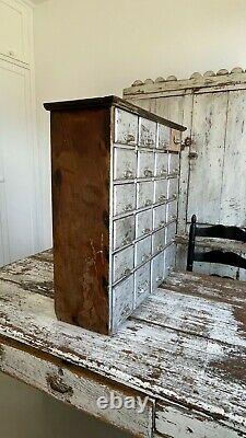 ANTIQUE FOLK ART 1800's 24 DRAWER APOTHECARY ORIGINAL GREY PAINT SQUARE NAILS