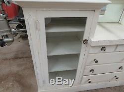 ANTIQUE French Country White Chippy Paint PINK KNOBS Large BUILT IN Cabinet