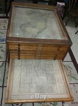 Antique Glass Top Map Cabinet Coffee Table 12 Drawers