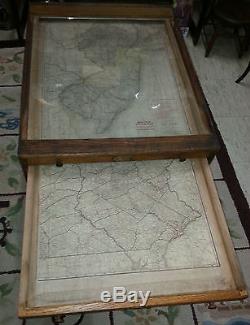 Antique Glass Top Map Cabinet Coffee Table 12 Drawers